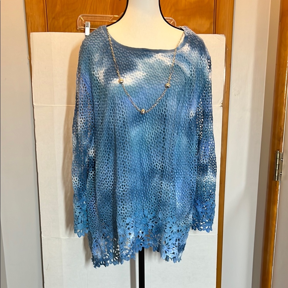 Alfred Dunner 3Q Sl Tiedye Crocheted Blue Top